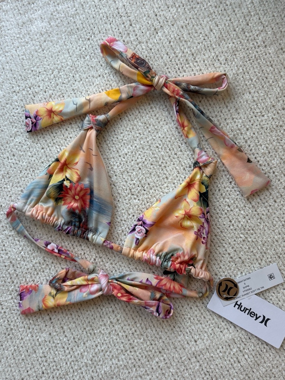Hurley ‘Scenic Sunset’ Floral Tie-Back Triangle Bikini Top Small